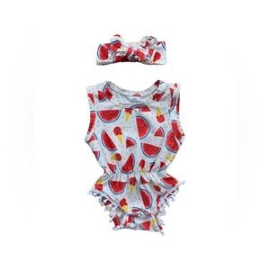 Funny Co Kid Size 70 Watermelon Print Romper and Headband